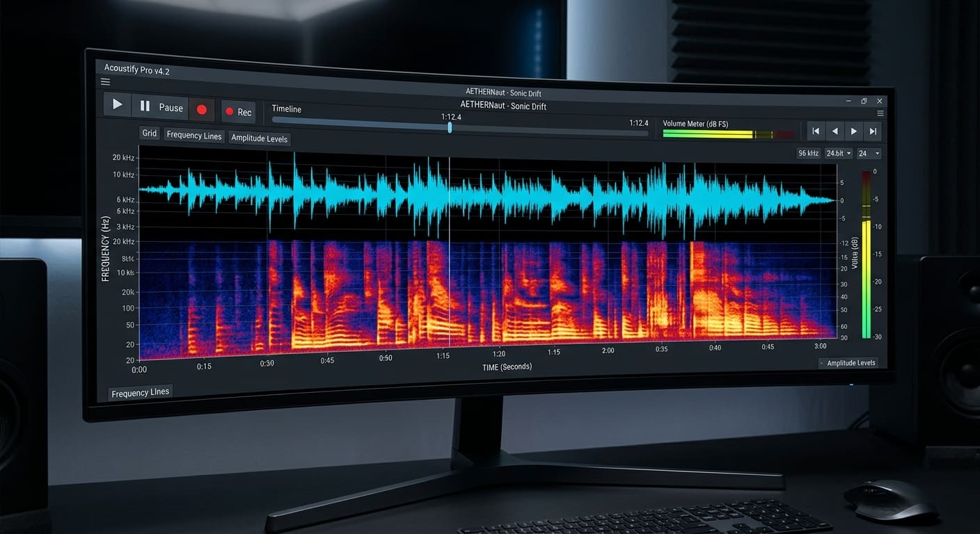 Waveform and spectrogram display on a computer monitor used for forensic audio analysis
